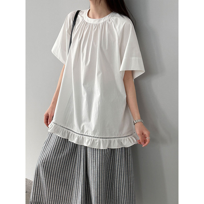 LUXI Korean-style relaxed pleated doll shirt for women, 2026 summer hollow lace commuter top 5219 LUXI Korean-style relaxed pleated doll shirt for women, 2026 summer hollow lace commuter top 5219