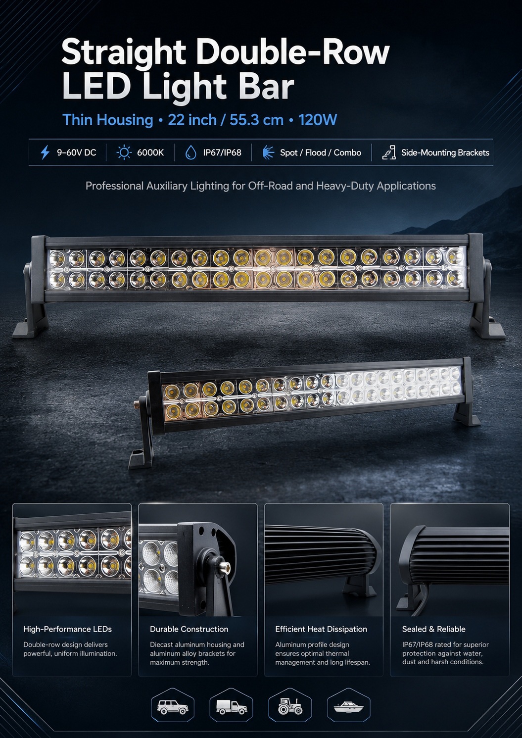 9-60V 120W ultra-thin double-row automotive LED strip light, off-road spotlight, for construction vehicles and trucks, model TH-DT0240Z