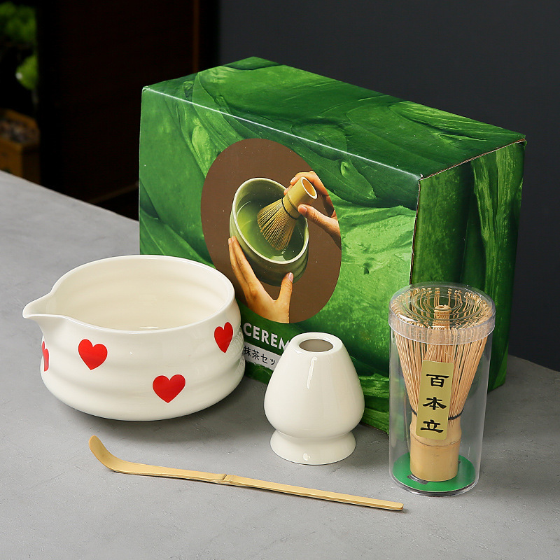跨境抹茶碗套装樱桃蝴蝶结心形图案花纸陶瓷百本立茶筅点茶系列|undefined
