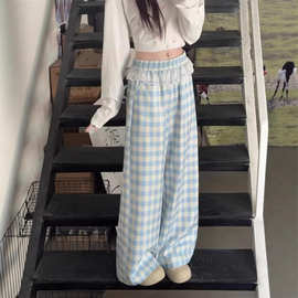 蕾丝花边拼接蓝色格子宽松直筒裤女秋冬季新款休闲百搭阔腿长裤女