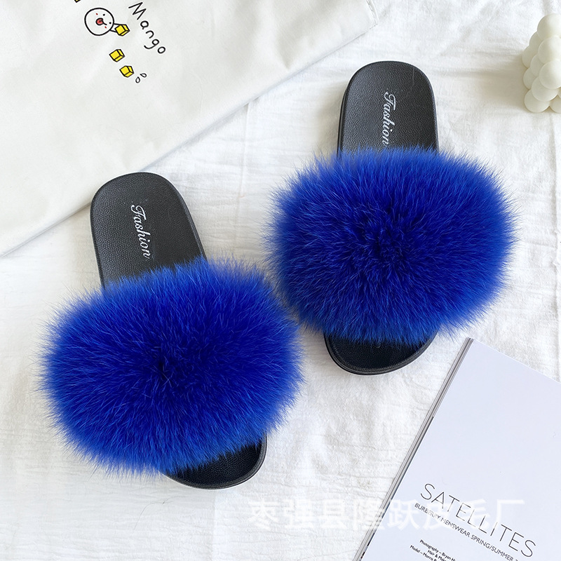 Amazon transfronterizo zapatillas de pelo de zorro real zapatillas de pelo de fondo plano zapatillas de pelo de mujer zapatillas de pelo de verano nuevas exportaciones