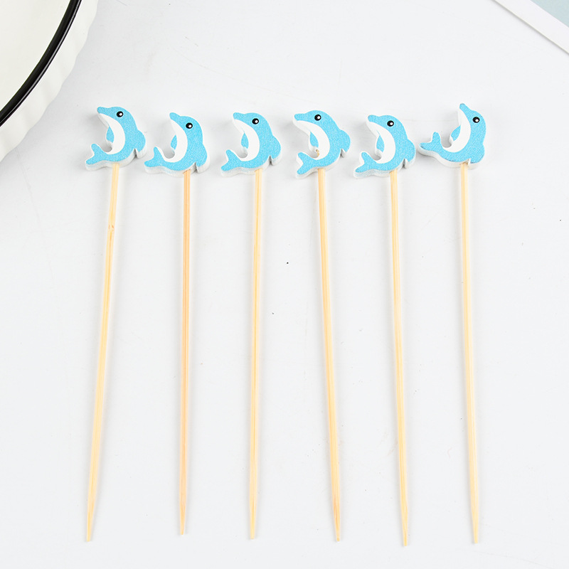 Fábrica de suministro al por mayor dibujos animados desechables marcadores de fruta palillos de dientes artísticos marcadores de bambú delfines creativos marcadores de fruta