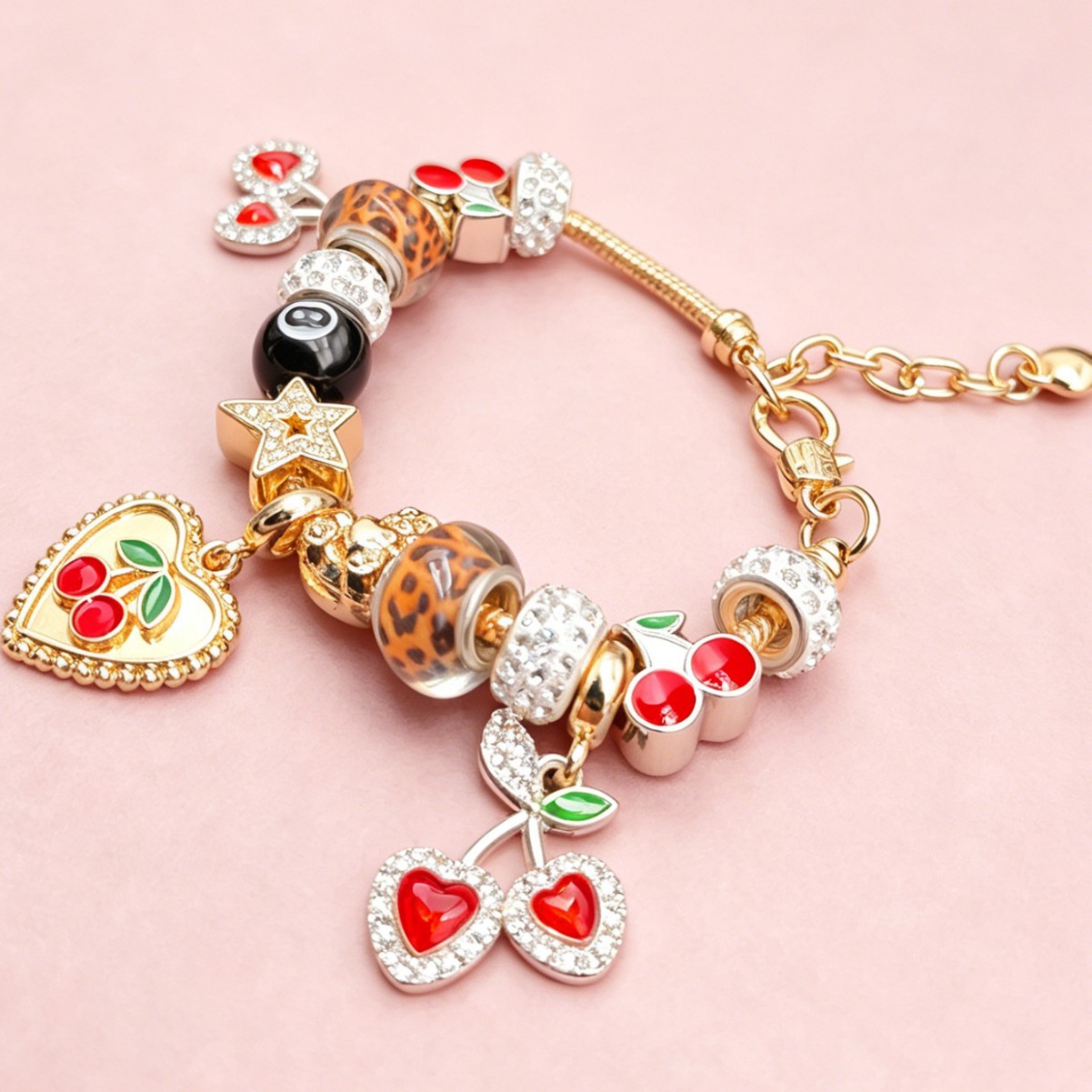 Pan pulsera sexy estampado leopardo negro ocho cuentas pulsera de diamante amor pentagramas osos colgante joyas de moda image 3