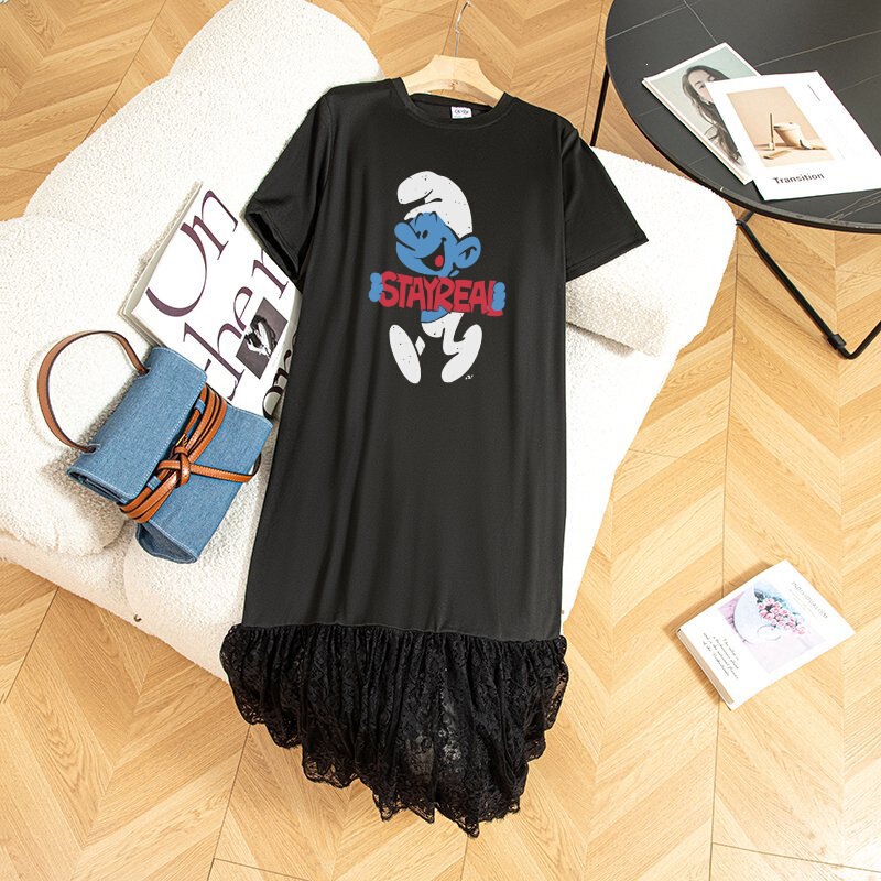 Real Shot # Korean Style Plus-Size Extra-Long Dress for Women, Loose Summer Outfit, Long Over-The-Knee Lace T-Shirt Dress, Trendy.