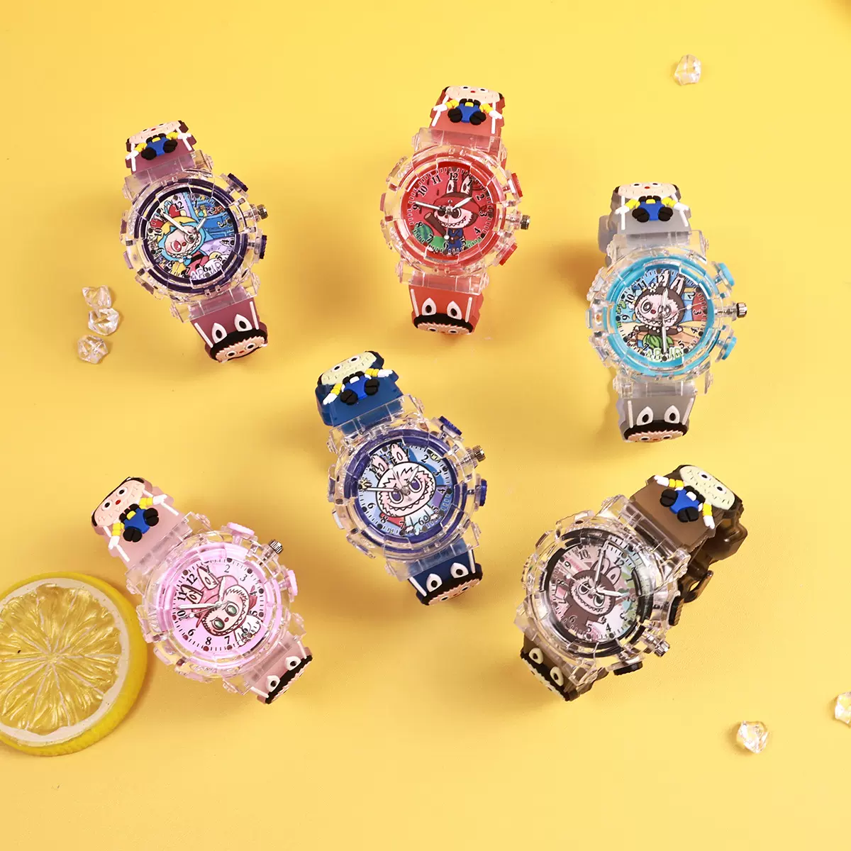 新款拉布布发光卡通石英表男女孩创意夜光炫彩指针式手表礼品批发