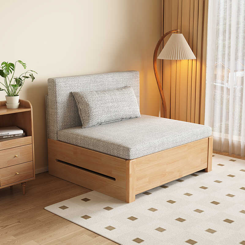 Single Solid Wood Sofa Bed Modern Simple Foldable Bed Telescopic Balcony Small Apartment Living Room Dual-purpose Pull-out Sofa