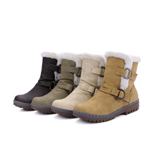 冬季新款女靴休閑毛絨保暖皮帶扣雪地靴純色簡約靴子外貿大碼ebay