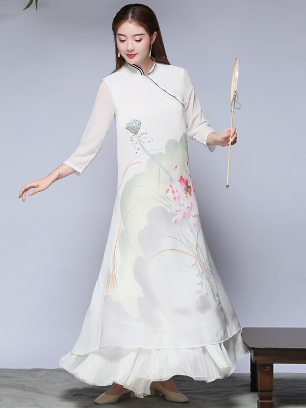 Chinese Style Autumn New Cheongsam Improved Chiffon Dress Tea Suit Lotus Pond Fine Chiffon Chinese Long Skirt