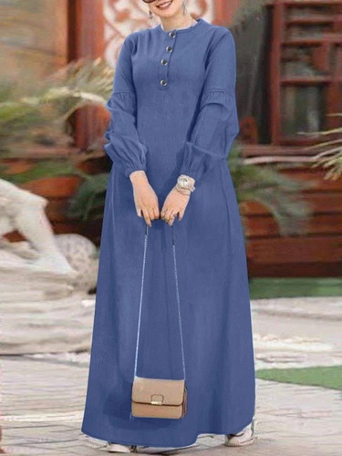 Cashmere H732# New Muslim Chinese Wind Leisure Loose Solid Color Elegant Long-Sleeve Women's Denim Dress