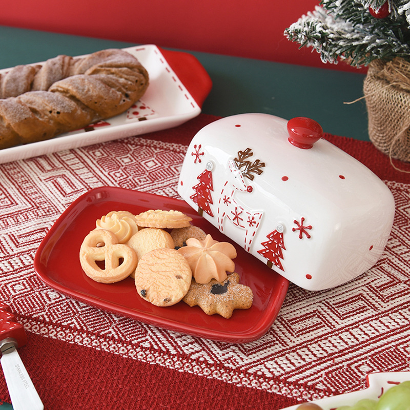 Hogar y jardín Juego de vajilla con cuencos y platos de Papá Noel con costura nórdica, tarro sellado en relieve, tarro de especias, taza de plato plano de cerámica occidental_voghion.com