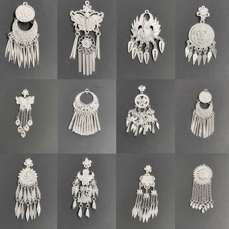 Miao Refrigerator Magnet Accessories Chinese Style Phoenix Butterfly Imitation Silver Earrings Accessories Ethnic Style Long Tassel Niche Accessories