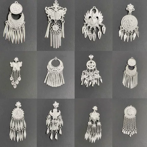 Miao Refrigerator Magnet Accessories Chinese Style Phoenix Butterfly Imitation Silver Earrings Accessories Ethnic Style Long Tassel Niche Accessories