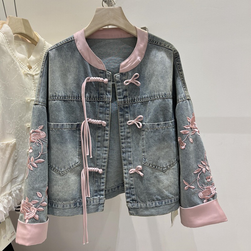 New Chinese Style Plate Button National Style Denim Jacket for Women 2025 Spring New Loose Design Embroidered Top Jacket