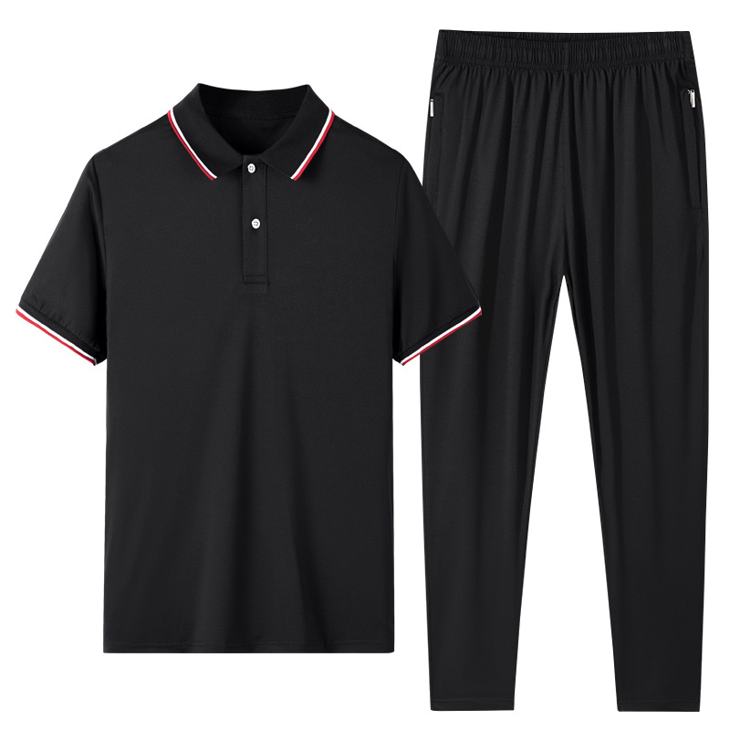 2021年夏季新款爸爸休闲运动套装长裤中老年人翻领POLO衫两件套装