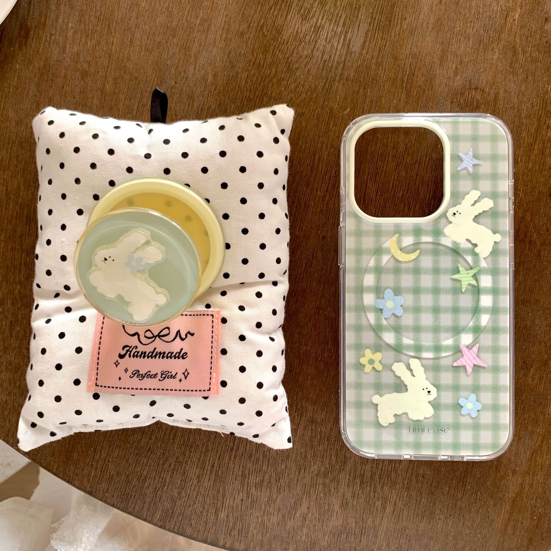 Conejo de costura de cuadros verde coreano para Apple 16Pro funda para teléfono móvil 15ProMax magnético 14 nuevo 16PM