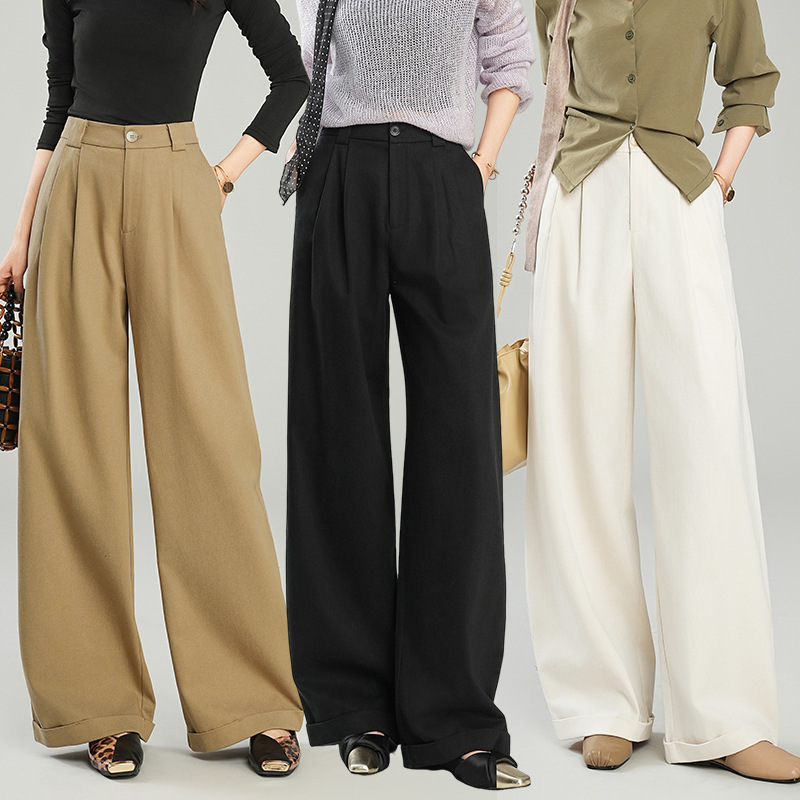 2026 Spring New Tencel Wool Wide-Leg Pants for Women, Casual Loose High-Waist Slimming Draped Floor-Length Suit Trousers