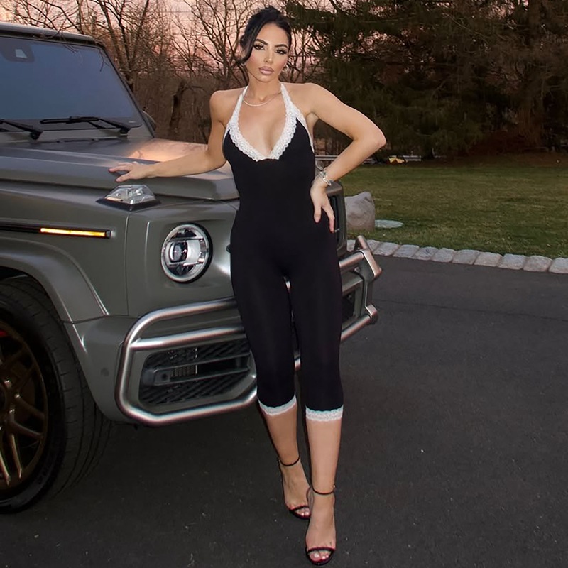 Women's Clothing Fashionable Sexy Lace Trim Slim Fit Back Hollow Out Tie Jumpsuit Summer New Arrival_ecoleips.com