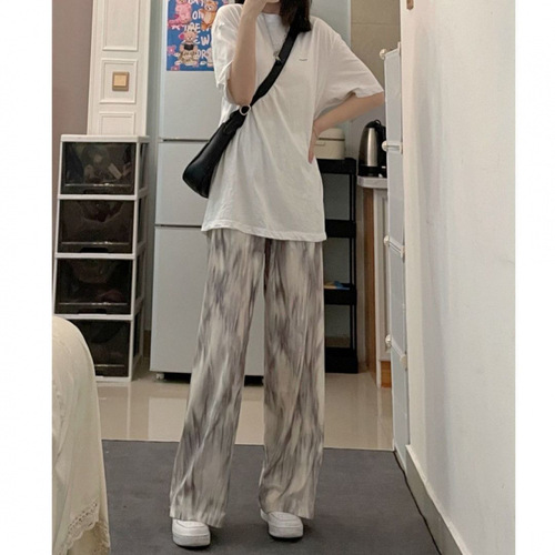 Women's Summer Thin Design High-Waisted Loose Ice Silk Gradient Straight Leg Pants
