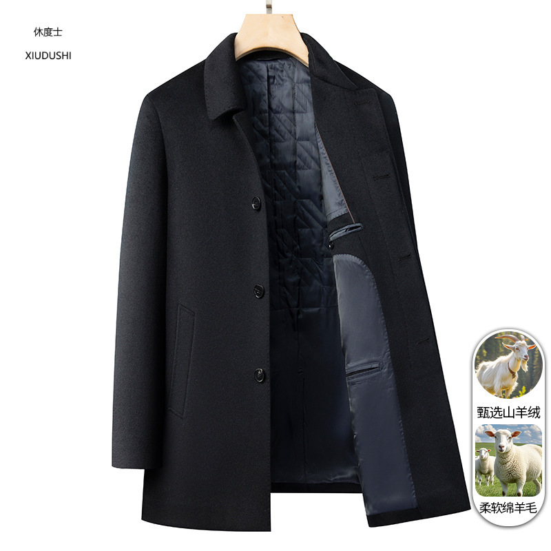 High-end wool coat with cashmere, men's winter style, mid-length, business style, thick woolen overcoat.