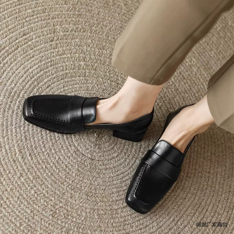 Кожаные ретро Lefu обувь женские квадратные туфли с толстыми каблуками 2024 весна и осень новая мода дикая ленивая
