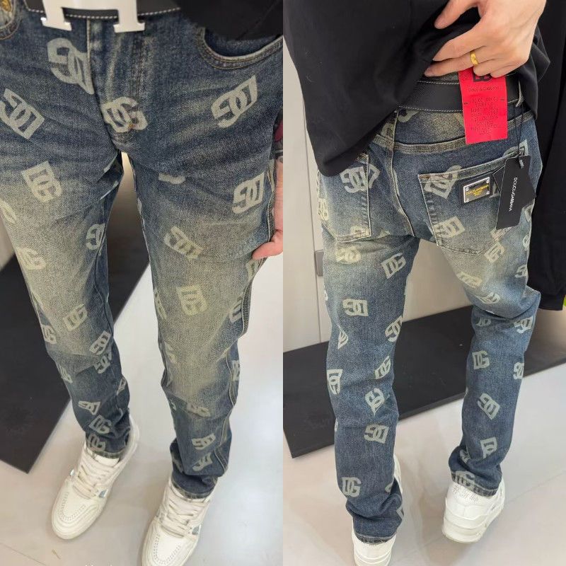 网红同款DG印花男士高端新款弹力潮牌潮流休闲长裤修身牛仔裤男