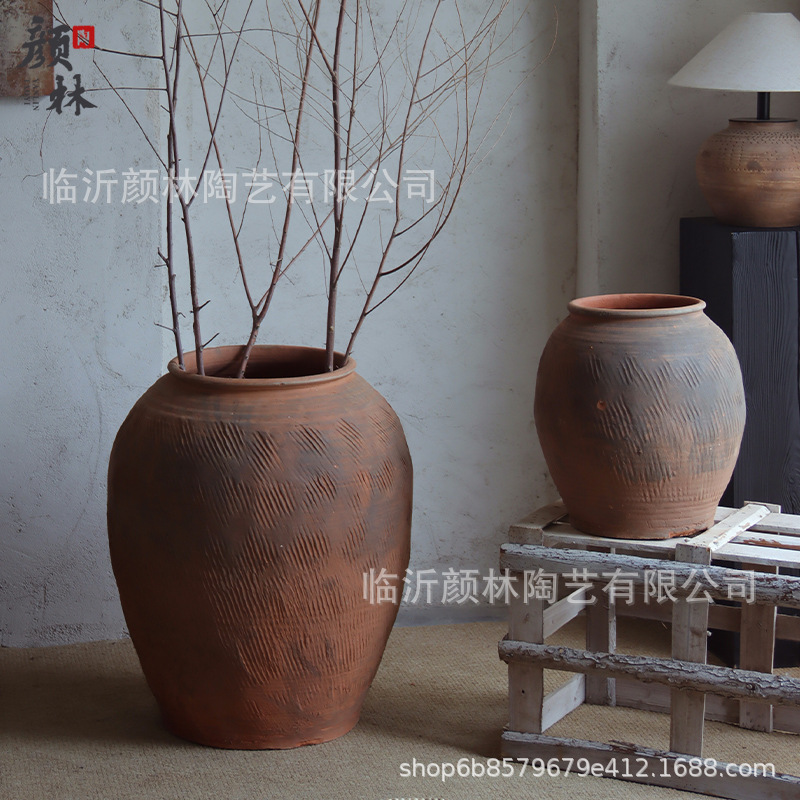 Gran vasija de cerámica de tierra gran vasija de estómago gran vasija de flores de viento tranquilo paisaje decoración residencial vasija de cerámica china estilo Zen retro