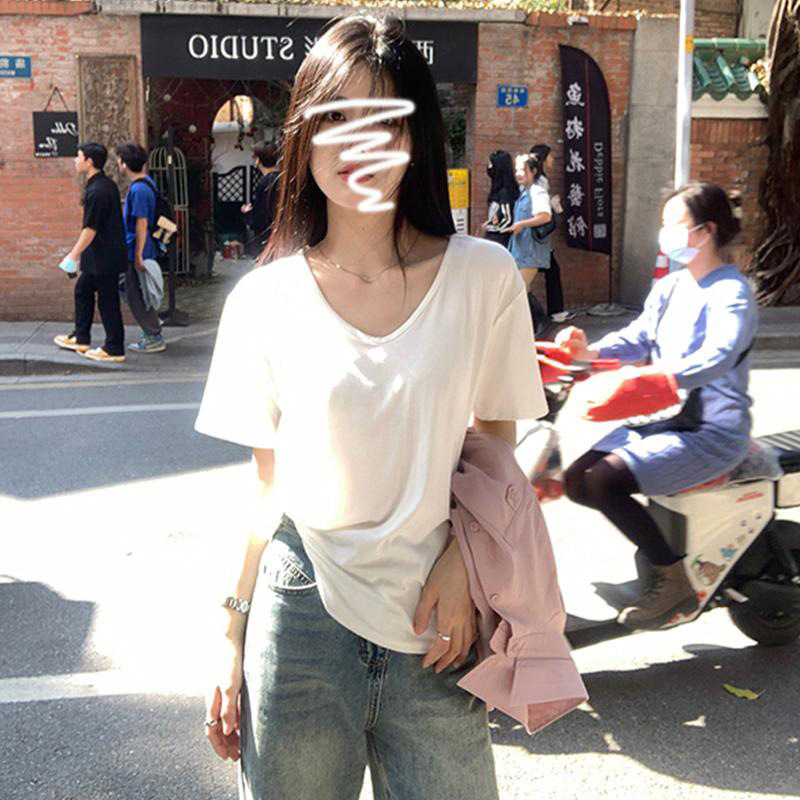 U-neck T-shirt Women's Short-sleeved Stretch Summer 2025 New Shoulder Large Neck Loose Slim-fit Solid Color Top