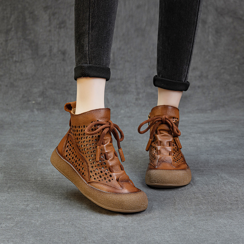 2025春夏新款头层牛皮镂空凉靴软底软面舒适系带平底靴民族风短靴