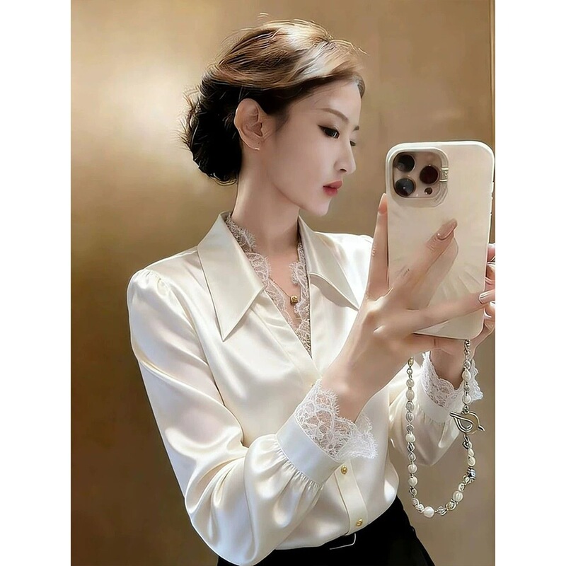 2026 Spring and Autumn New Collection: Luxurious Satin Long-Sleeve Shirt with Elegant Lace Trim, a Unique and Stylish Top for Women 2026 Spring and Autumn New Collection: Luxurious Satin Long-Sleeve Shirt with Elegant Lace Trim, a Unique and Stylish Top for Women