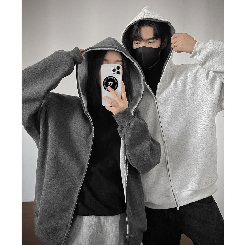 抖音爆款实拍图 460克拼色开衫卫衣男女连帽宽松情侣外套运动衫|undefined