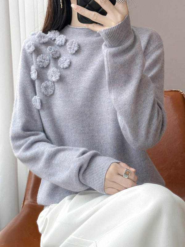 2025秋冬新款小雏菊纯羊毛针织衫女宽松慵懒风套头圆领毛衣上衣潮|undefined