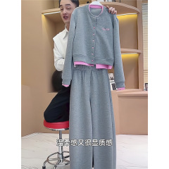 高級感グレーカジュアルスポーツスーツ女性2025春洋気減齢野球服コートワイドパンツ2点セット