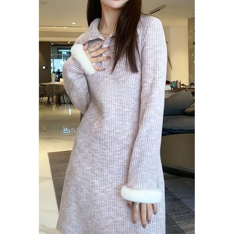 Polo领长袖针织连衣裙女春季新款内搭打底毛衣裙收腰显瘦气质短裙