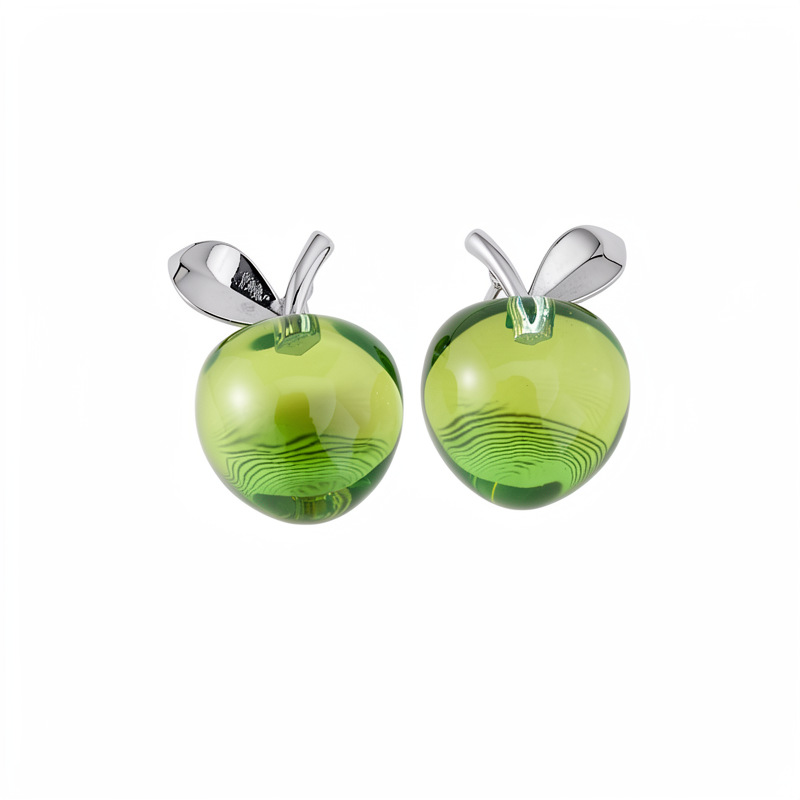 Aguja de plata de resina de manzana verde pequeño temperamento fresco pendientes de moda ligero lujo alta sensación conjunto de joyería al por mayor