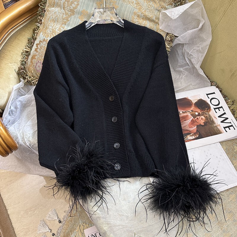 Autumn and Winter New Miu Style Black Cardigan Outwear Ostrich Feather Splicing Wool Top Female Socialite V Neck Knitted Top