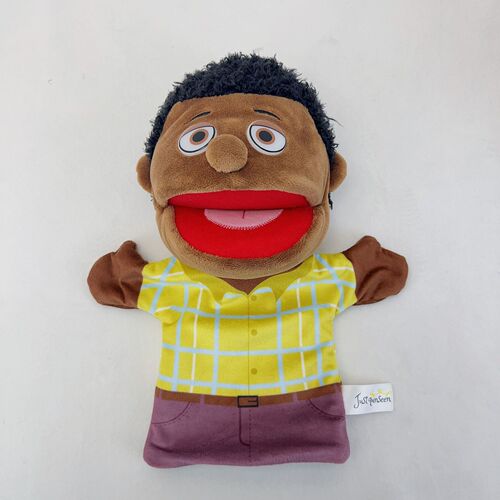 A black family finger puppet toy for kindergarten storytelling, with an interactive mouth movement plush toy.