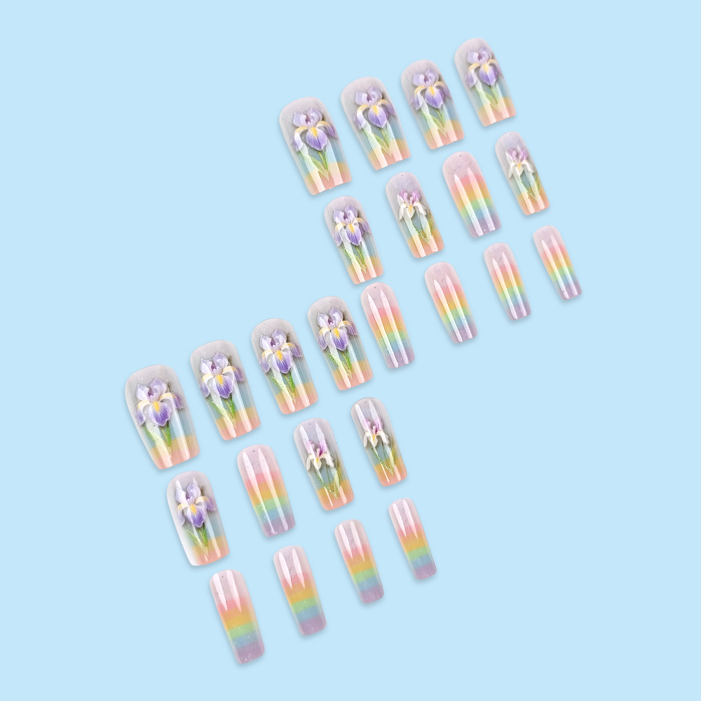 Arte de uñas con diseño de flor de iris en degradado de arcoíris, puntas de uñas de estilo dulce y de ensueño, juego de 24 pegatinas de uñas postizas.
