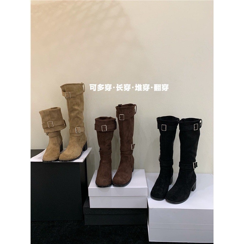 粗跟圆头绒面中筒靴女2025秋冬新款时装靴两穿女靴复古皮带扣短靴|undefined