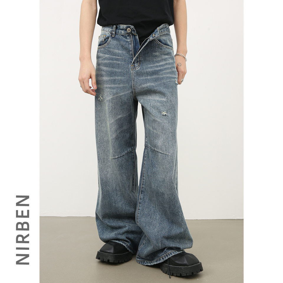 Quần jean nam ống rộng retro sờn rách giặt wash, dáng suông dài thoải mái — Màu xanh lam