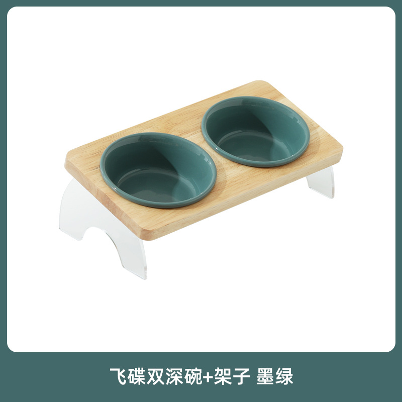 Tazón de cerámica para gatos Corea del Sur Tazón para mascotas antidetonantes gato perro tazón de comida soporte cervical tazón de agua doble tazón boca oblicua estante de madera maciza