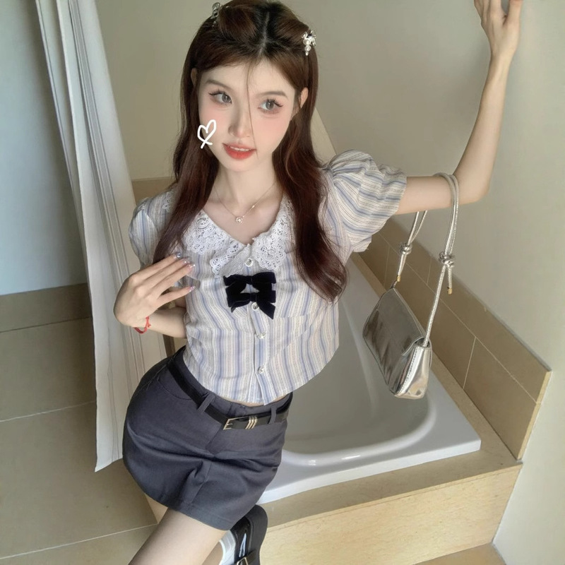 French Sweet Petite Striped Lace Shirt for Women Summer New Design Niche Short Puff Sleeve Top French Sweet Petite Striped Lace Shirt for Women Summer New Design Niche Short Puff Sleeve Top