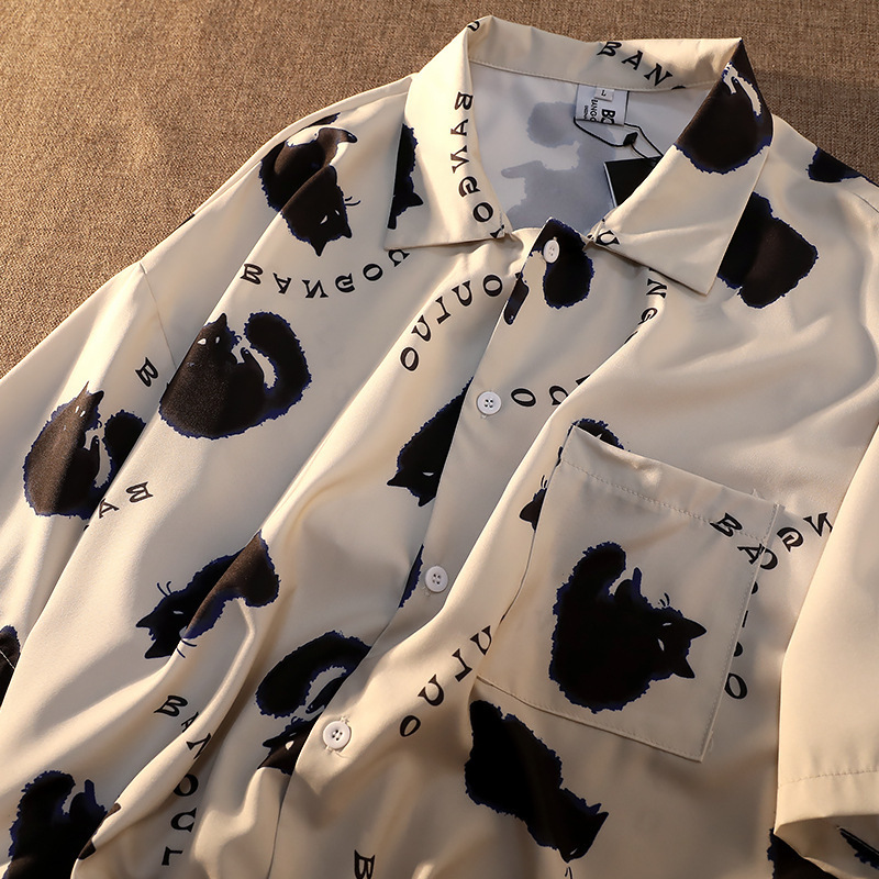 Internet Celebrity Cat Print Graffiti Shirt Men's Short-Sleeved Summer Loose Design American Street Style Shirt Ins Trendy Brand