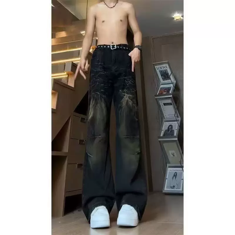 水洗美式vibe裤子男款高个子闪电纹弯刀微喇牛仔裤高腰提档直筒裤