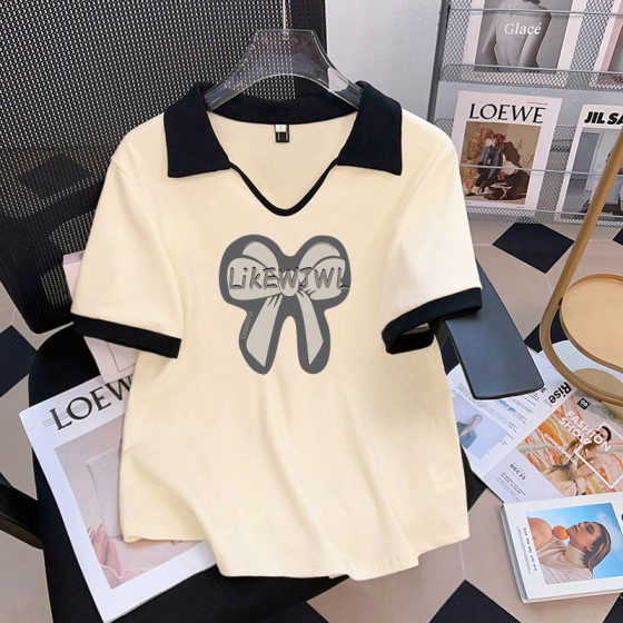 POLO Collar T-shirt Women's 2024 Summer New Black Printed Base Shirt Slimming All-match Simple Japanese and Korean Short-sleeved Top