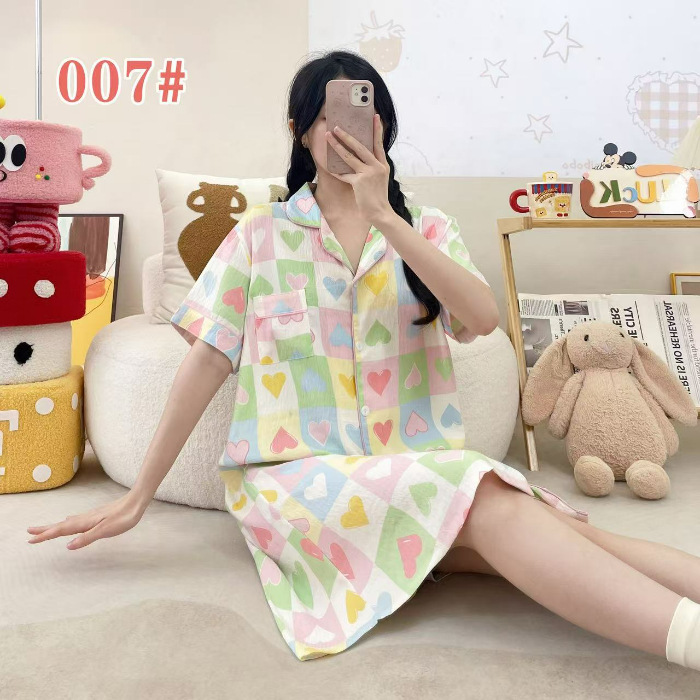 Pijama de verano de manga corta cardigan con solapa impresión de dibujos animados nubes de algodón dulce suelto medio largo vestido transfronterizo