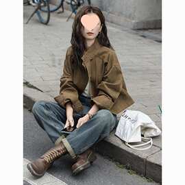 复古咖色牛仔短外套女春秋季新款小个子宽松减龄立领工装上衣夹克