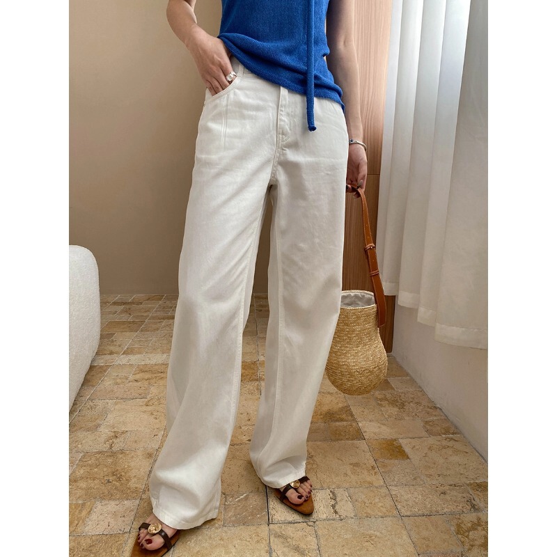 Sinan Design Sense Two-grain Buckle Vertical Cut Dosing Tencel High Waist Slimming Straight Leg Wide Leg Jeans SN7554