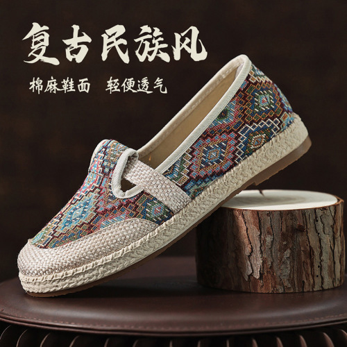 Spring and Summer Old Beijing Cloth Shoes with Ethnic Style Embroidered Women's Shoes Soft Sole Lightweight Flax Breathable National Trend Single Shoes