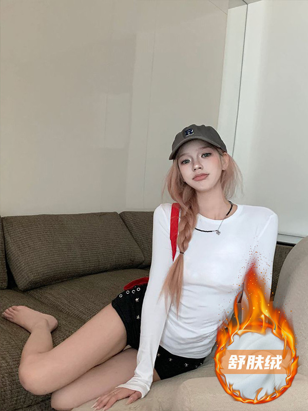 辣妹舒肤绒长袖T恤女2025秋冬新款加绒加厚韩系修身内搭打底上衣|undefined