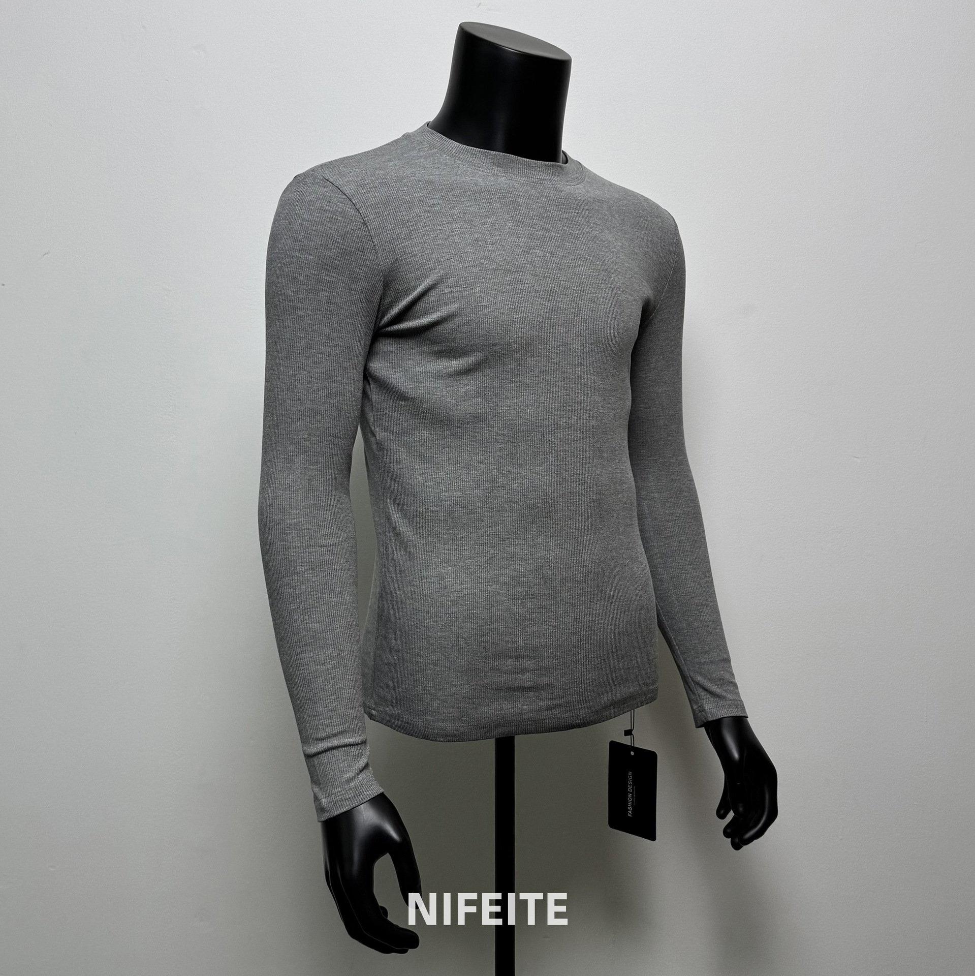Threaded Crewneck 긴팔 티셔츠 남성용 근육 피트니스 훈련 꽉 끼는 스포츠 높은 탄성 빠른 건조베이스 셔츠 탑